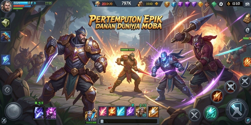 Gameplay seru di 797K dengan karakter dan strategi MOBA.