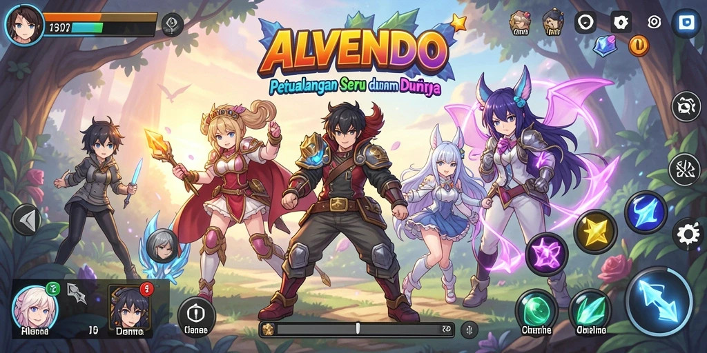 Tampilan seru gameplay ALVENDO dengan karakter Anime terkenal.