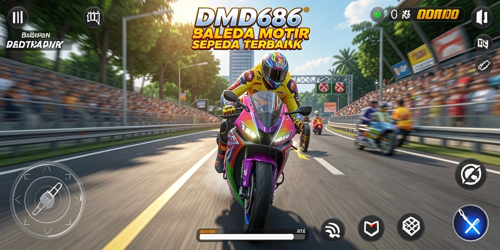 Gameplay menegangkan dari DMD686 saat balapan motor di trek berliku.