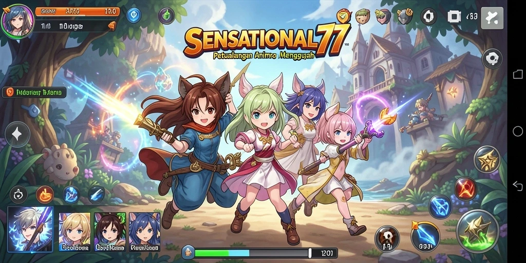 Tampilan gameplay menarik dan karakter anime yang berwarna-warni.